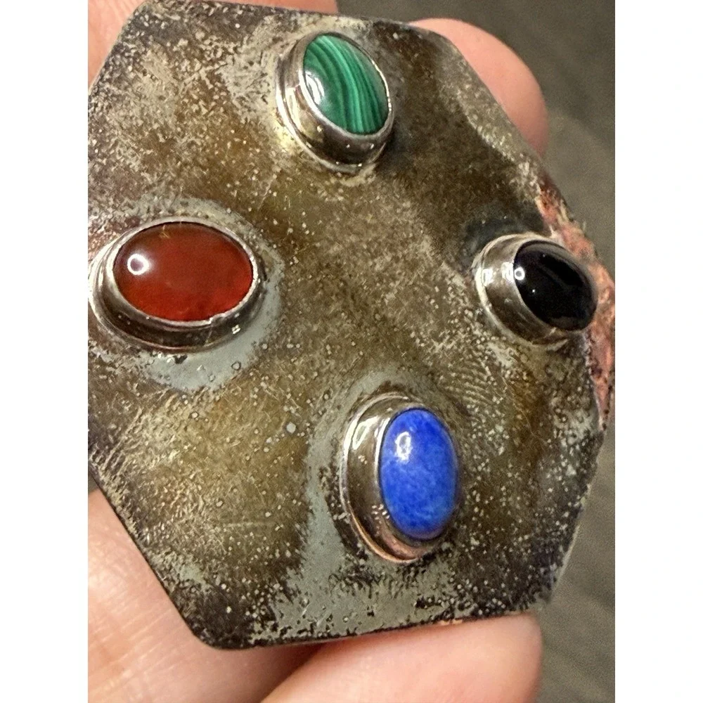 Vintage Taxco Sterling Silver 925 Brooch Lapis Onyx Malachite geometric Tarnish